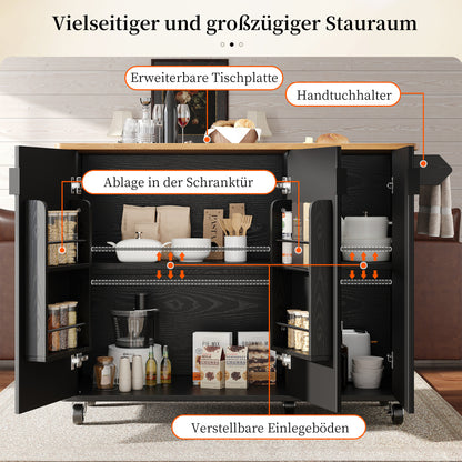 White/Black Modern Extendable Kitchen Island & with Adjustable Shelves, Spice Rack, Towel Rail - Heavy-Duty Metal Frame Trolley, 3-Door Closed Shelving, Space-Saving Expandable Design (130x45x92cm) for Small/Large Kitchens