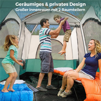 Kampeertent – Familietent – Tunnel Tent – Grote Tent – 2-Kamer Tent – Waterdicht Oxford Polyester – Ruime Voortent Met Zonnescherm – Voor 4-6 Personen – Groen