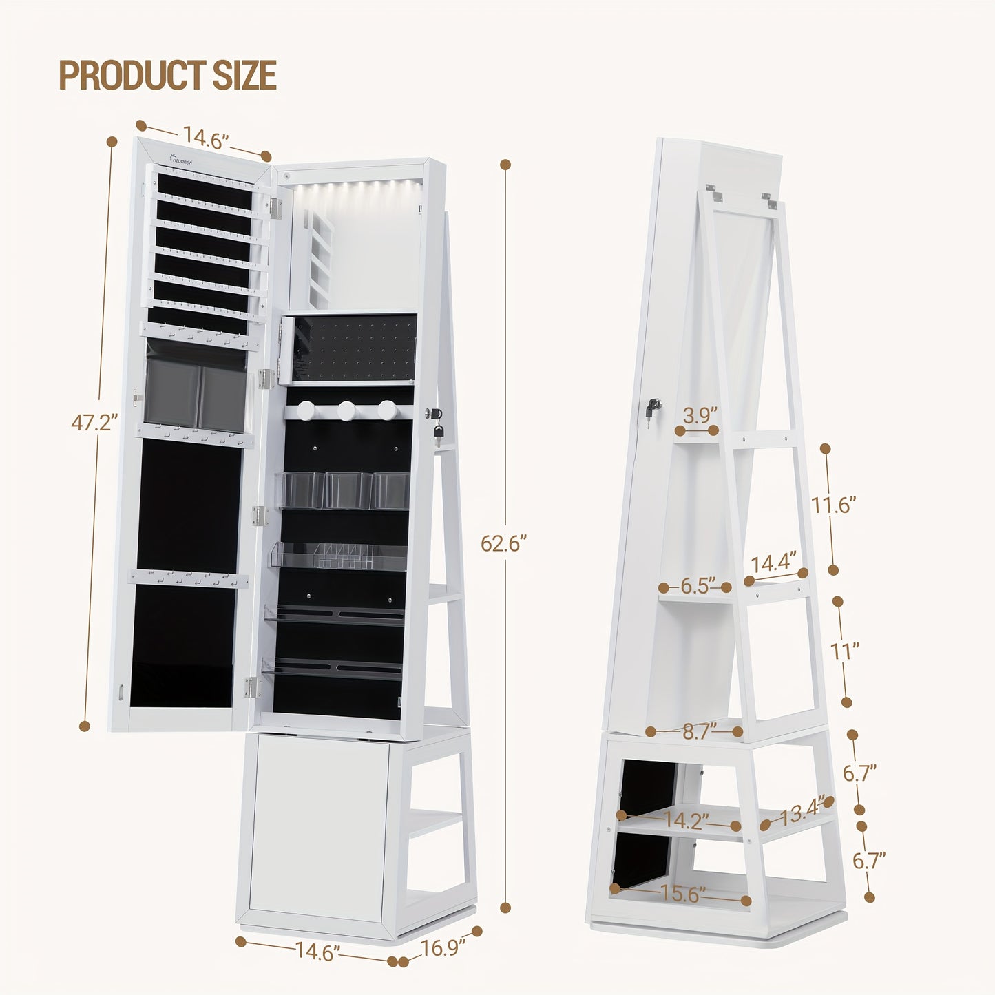 Sieradendoos – Sieradenkast – Juwelendoos – Sieradenopberger – Sieradenkastje – 360° Draaibare Spiegel – 4-laags Opbergruimte Met Slot – Wit Met Beige Bekleding