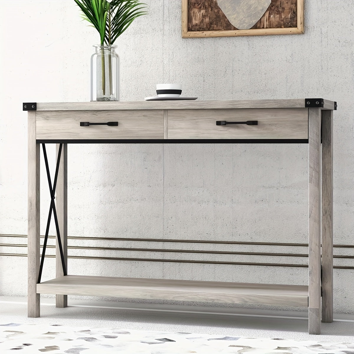 Farmhouse Sidetable – Haltafel – Console Tafel – Sofa Tafel – Sidetable met Lade – Grijs – MDF & Metaal – Compact Ontwerp 110x30 cm