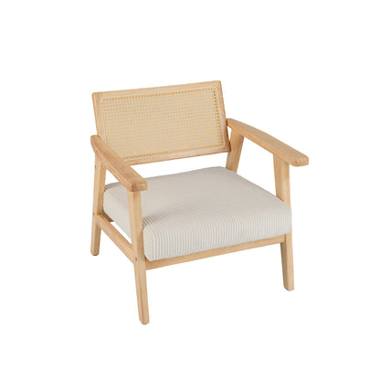 Corduroy Accent Chair – Fauteuil – Lounge Chair – Armstoel – Binnenstoel – Padded Rubber Wood Frame – PE Rattan Rugleuning – Naturel Wit