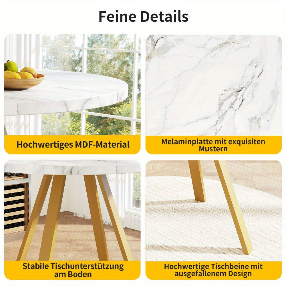 Ronde Eettafel – Ronde Tafel – Keukentafel – Eettafel 4 Personen – Koffietafel – Metalen Gouden Poten – Witte Marmerlook – 80x80x75 cm