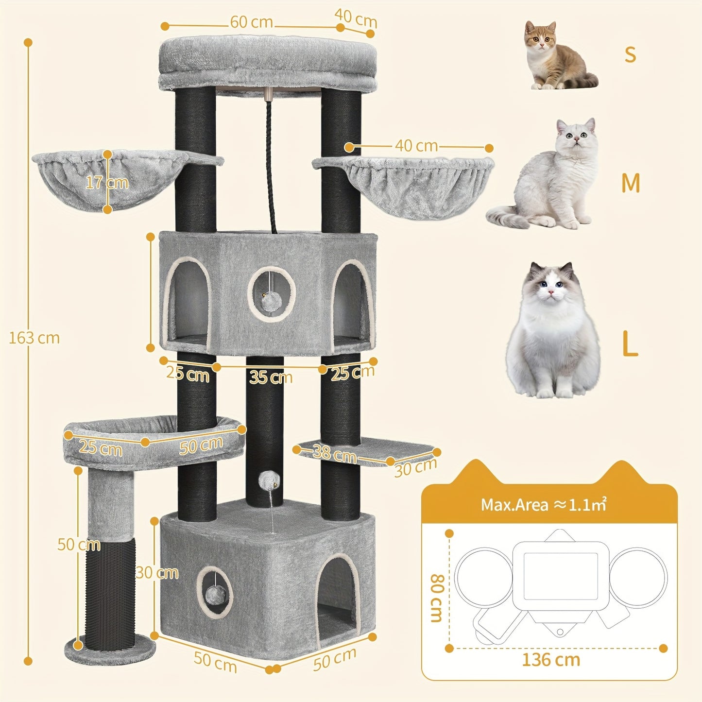 Krabpaal Kat – Krabmeubel Kattenboom – Kattenhuis Krabton – Kattenmeubel Speeltoren – Lichtgrijs Zwart – 163 cm Hoog – Geschikt Voor Grote Katten & Meerdere Katten