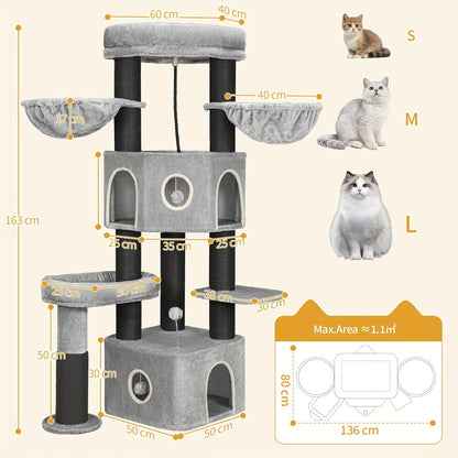 Krabpaal Kat – Krabmeubel Kattenboom – Kattenhuis Krabton – Kattenmeubel Speeltoren – Lichtgrijs Zwart – 163 cm Hoog – Geschikt Voor Grote Katten & Meerdere Katten