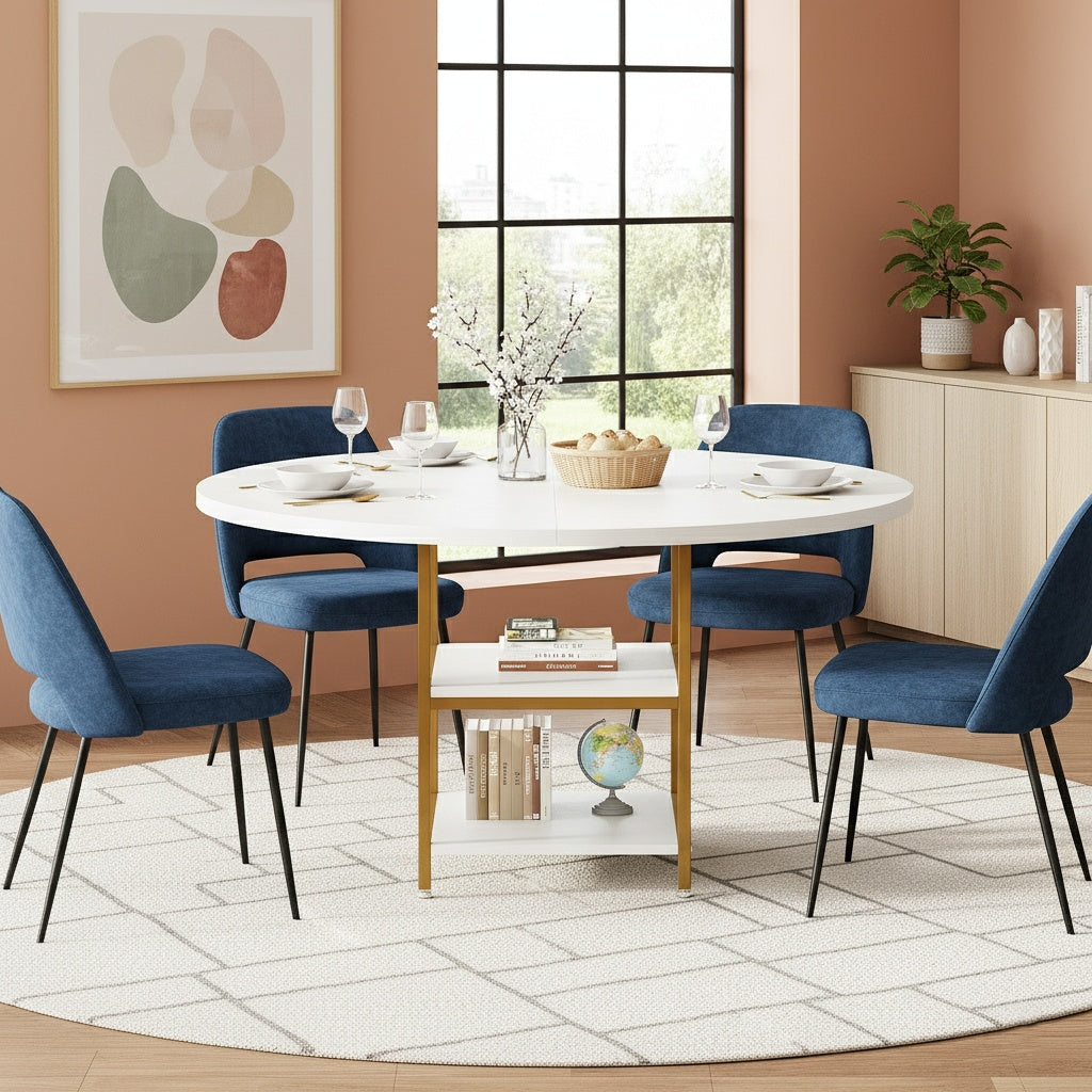 Bureau – Bureautafel – Computertafel – Werkplek – Office Desk – Wit met Gouden Accenten – Rond 120 cm – 2-laags Opbergruimte