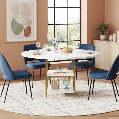 Bureau – Bureautafel – Computertafel – Werkplek – Office Desk – Wit met Gouden Accenten – Rond 120 cm – 2-laags Opbergruimte