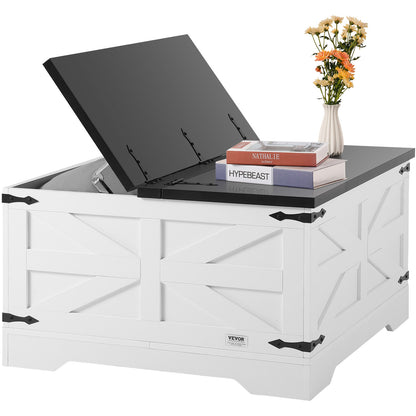 Salontafel – Woonkamertafel – Bijzettafel – Koffietafel – Tafel – Vierkant – Met Opbergruimte – Hout – Kantelbaar Tafelblad – 80x80 cm – Zwart-Wit