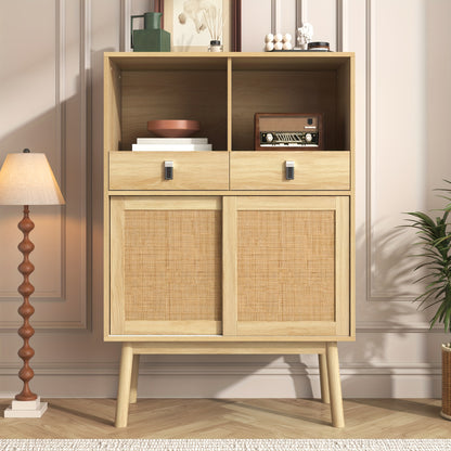 Nachtkastje – Ladekast – Opbergkast – Wandkast – Dressoir – Gevlochten Rattan – 80x39,5x120 cm – 2 Lades & 2 Open Vakken – Modern Design
