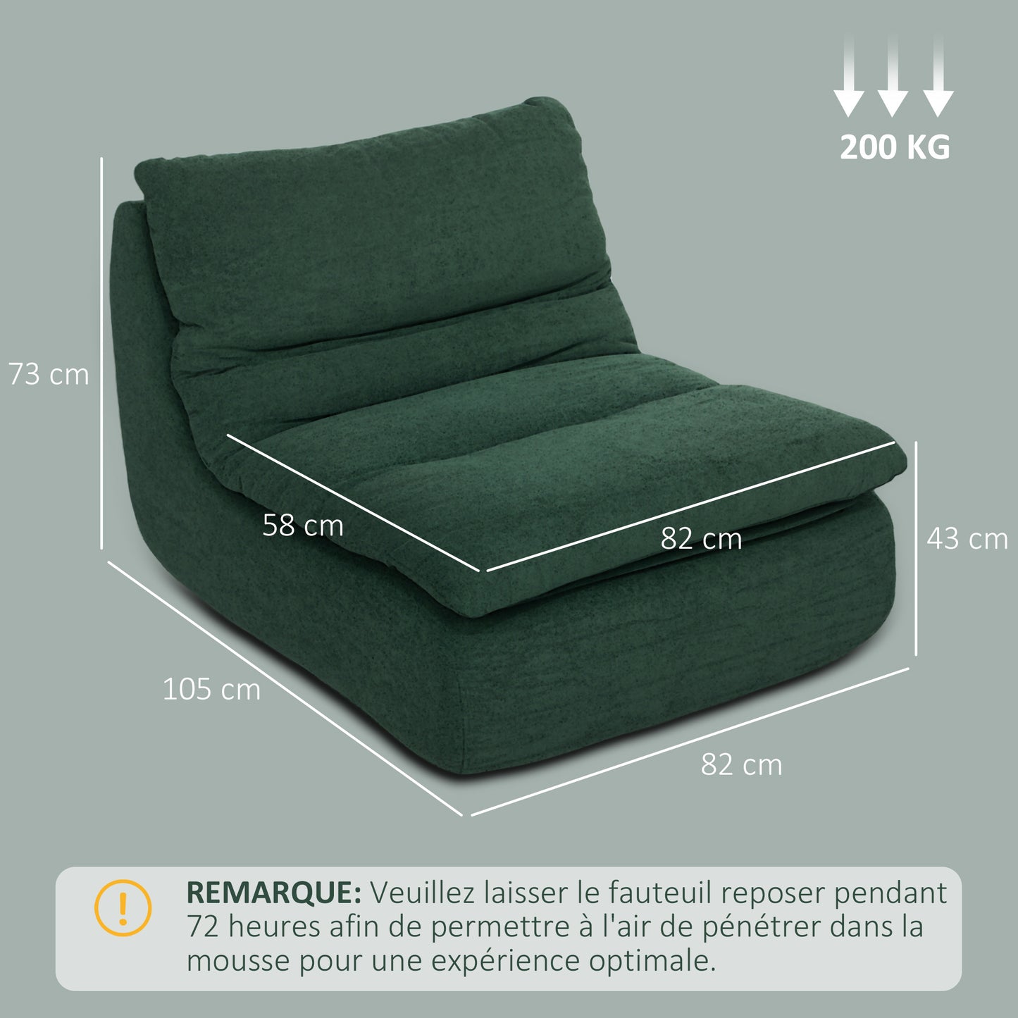 HOMCOM 1-Seater Lazy Sofa Floor Chair with Ultra-High Density Monobloc Foam, Lounge Chair for Living Room, Bedroom, and Office, 200 Kg Load Capacity, 82x103x75 cm, Green