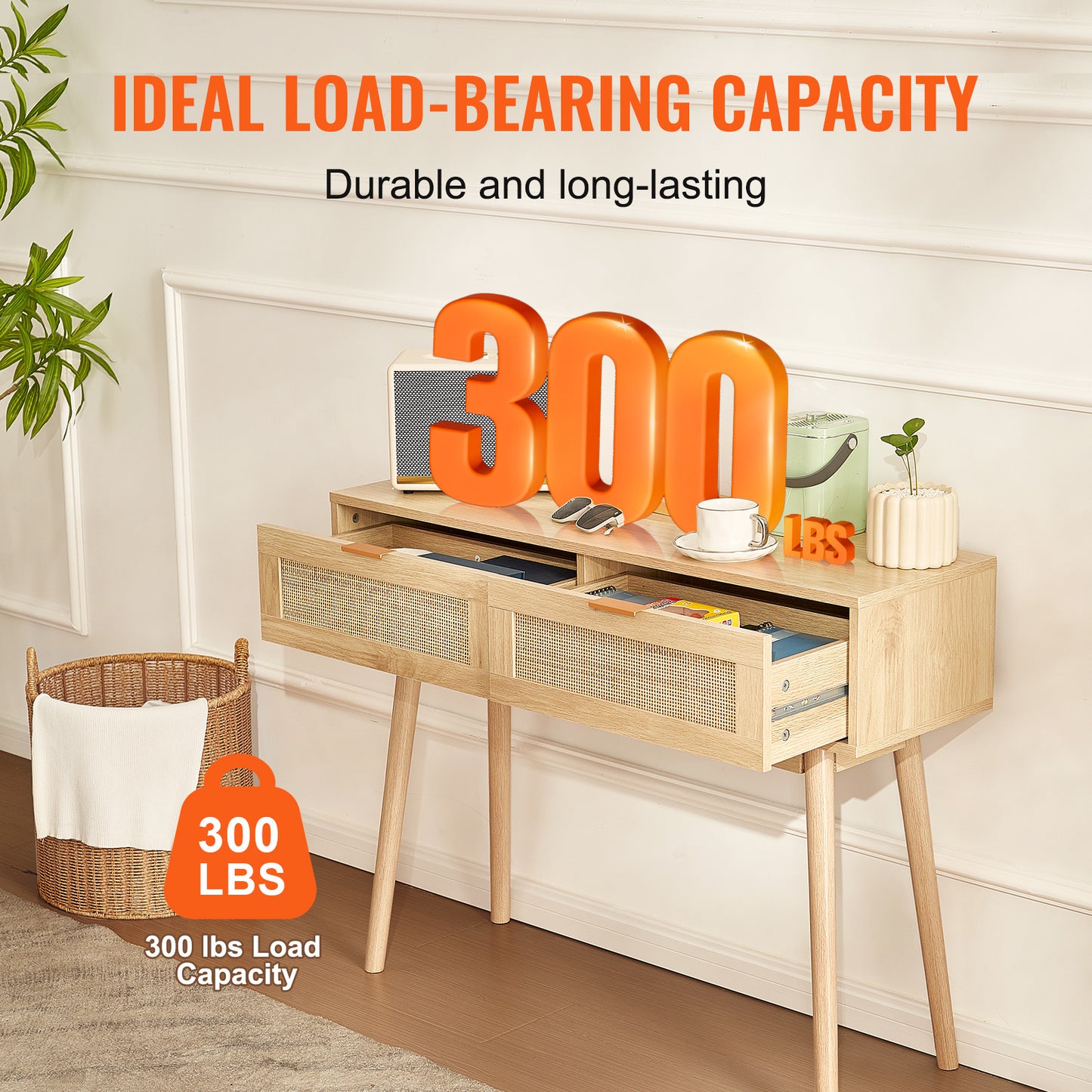 Sidetable – Wandtafel – Console – Haltafel – Bijzettafel – Natuurlijk Rattan – 2 Laden – Duurzaam MDF