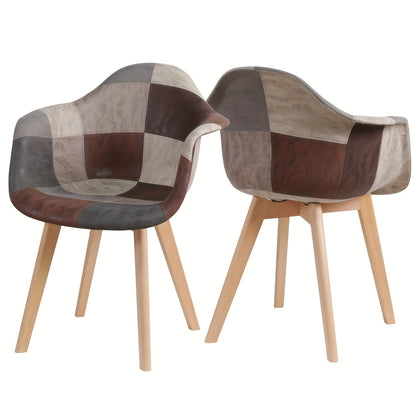 Eetkamerstoel – Stoel – Kuipstoel – Armstoel – Draaistoel – Set van 2 – Ergonomisch Design – Houten Poten – Patchwork Ruitmotief Bruin & Beige