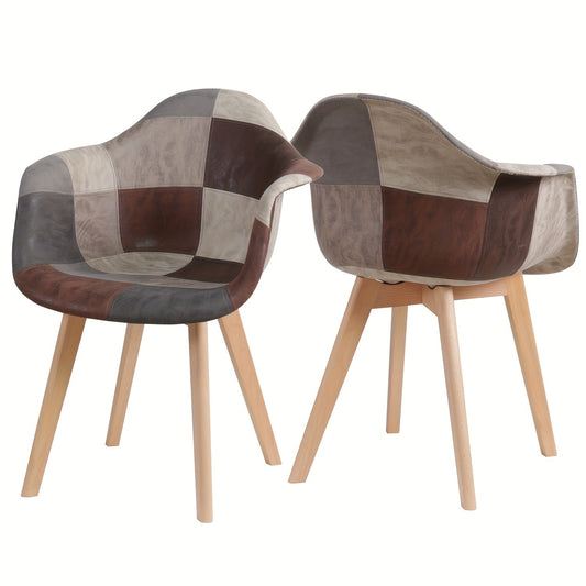 Eetkamerstoel – Stoel – Kuipstoel – Armstoel – Draaistoel – Set van 2 – Ergonomisch Design – Houten Poten – Patchwork Ruitmotief Bruin & Beige