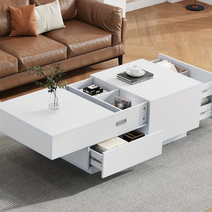 Salontafel – Koffietafel – Tafel – Woonkamertafel – Lounge tafel – Schuifblad – 4 Lades – Modern Wit – Compact 90x55x45 cm