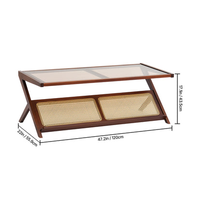 Rotan Salontafel – Rieten Tafel – Bohemian Tafeltje – Rattan Bijzettafel – Z-vormige Salontafel – Gehard Glas Tafelblad – Handgemaakt PE Rotan Frame – 120 cm Breed