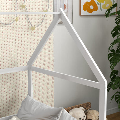 Kinderbed Huis – Cabin Bed – Bunk Bed – Speelbed – Huisbed – Houten Bed – Anti-Val Bescherming – Inclusief Lattenbodem en Dak – Wit – 90x190 cm