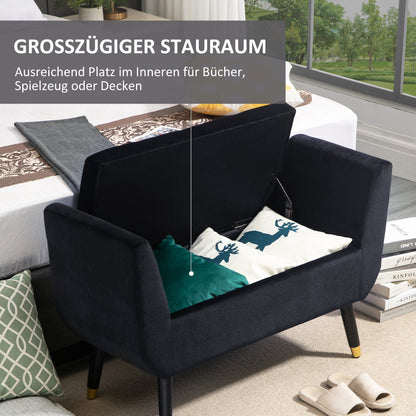Opbergbank – Opbergbankje – Zitbank Met Opbergruimte – Halbank – Opbergkist – Fluweel Bekleding – Houten Poot – 107x42x65 cm – Zwart