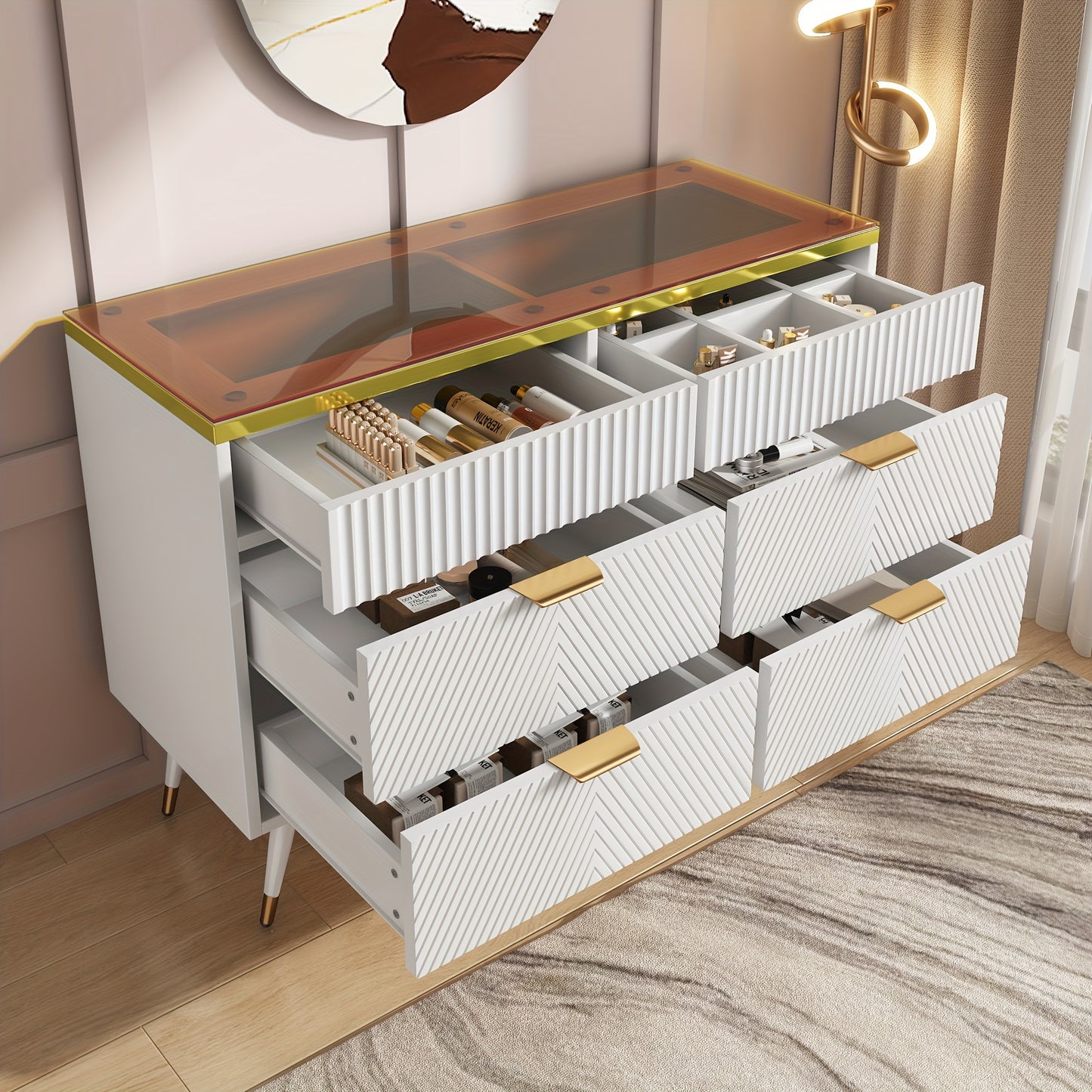 Dressoir – Sideboard – Opbergkast – Ladekast – Wandkast – Modern Wit – Hardhout & Amberglas – 6 Lades Met Compartimenten – Tip-Proof Veiligheidsfunctie – 120x40x76 cm