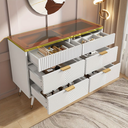 Dressoir – Sideboard – Opbergkast – Ladekast – Wandkast – Modern Wit – Hardhout & Amberglas – 6 Lades Met Compartimenten – Tip-Proof Veiligheidsfunctie – 120x40x76 cm
