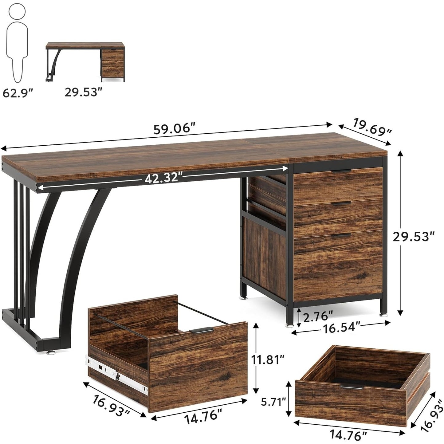 Computerbureau – Bureau – Werkplek – Schrijftafel – Werktafel – Extra Lang 150 cm – 3-Laden Opbergruimte – Stevige Metalen Poten – Rustiek Bruin