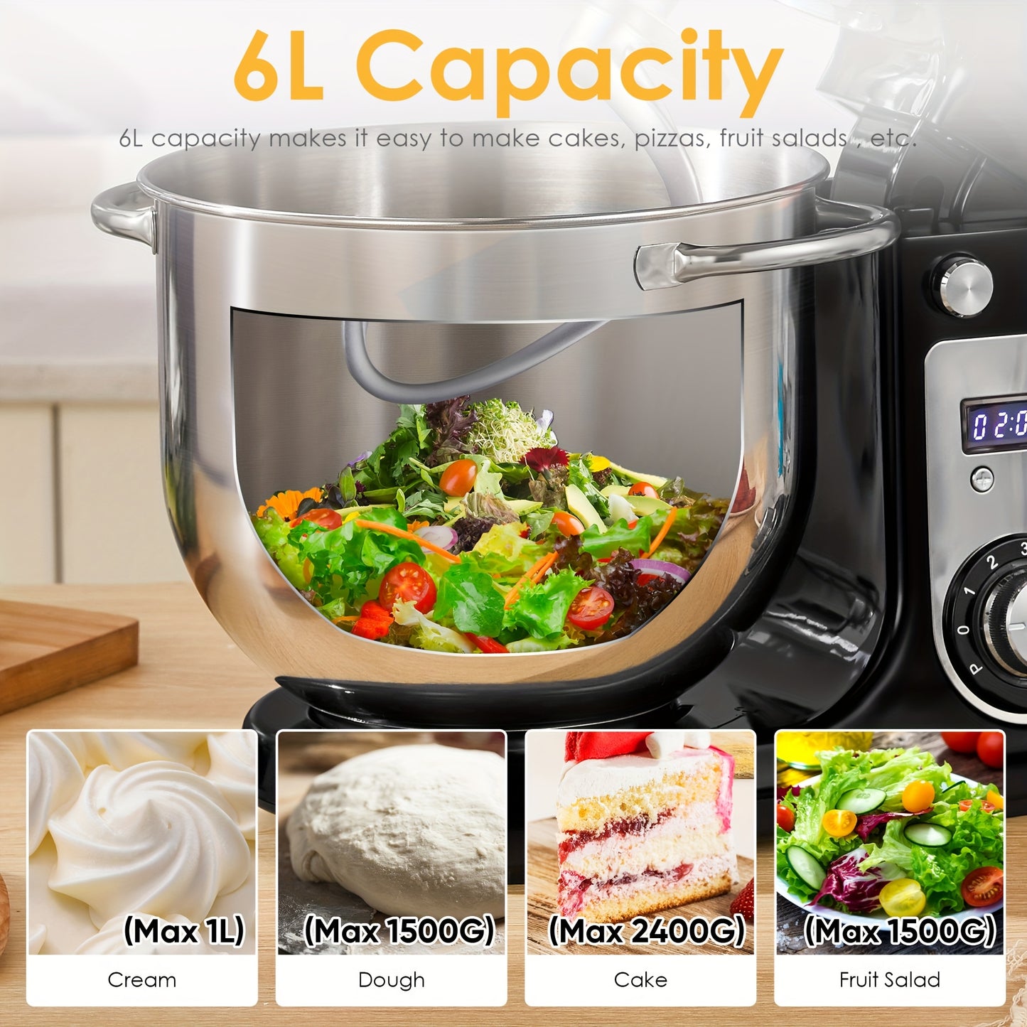 Keukenmixer – Keukenmachine – Keukenrobot – Standmixer – Mixer – 6L Mengkom – 1200W Stil DC Motor – LCD Display Met Timer