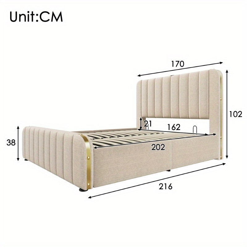 Upholstery Tweepersoonsbed – Bedframe – Slaapbank – Opbergbed – Hydraulisch Bed – 160x200 cm – Beige Linnen – Gouden Rand Hoofdeinde
