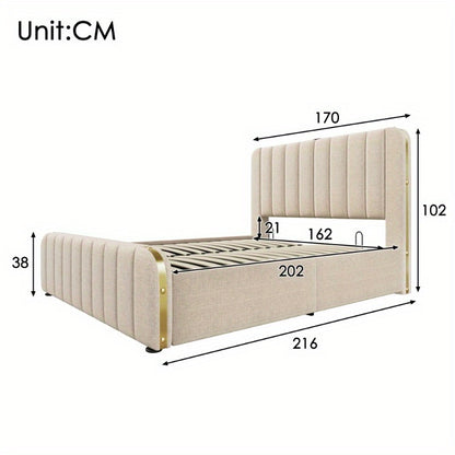 Upholstery Tweepersoonsbed – Bedframe – Slaapbank – Opbergbed – Hydraulisch Bed – 160x200 cm – Beige Linnen – Gouden Rand Hoofdeinde