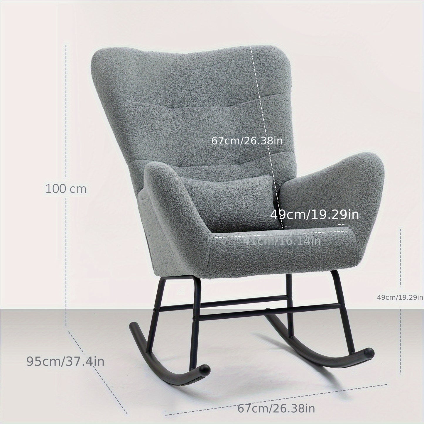 Schommelstoel – Relaxstoel – Fauteuil – Voedingsstoel – Loungestoel – Teddy Stof Grijs – Met Lendenkussen & Zijvakken – Metalen Frame & Gewatteerde Armleuningen