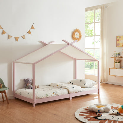 Huisvormig Kinderbed – Speelbed – Kinderbed - Bedhuis – Bunk Bed – Roze – Massief Dennenhout – Afneembaar Stoffen Dak – 90 x 200 cm