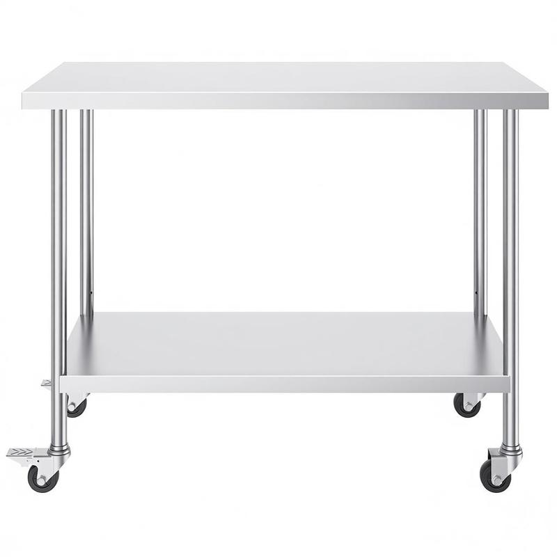 In hoogte verstelbare werkbank – Werktafel – Keukentafel – Werkbank op wielen – RVS werkblad – 3 Hoogteniveaus – Duurzaam roestvrij staal – 1219 x 610 x 955 mm