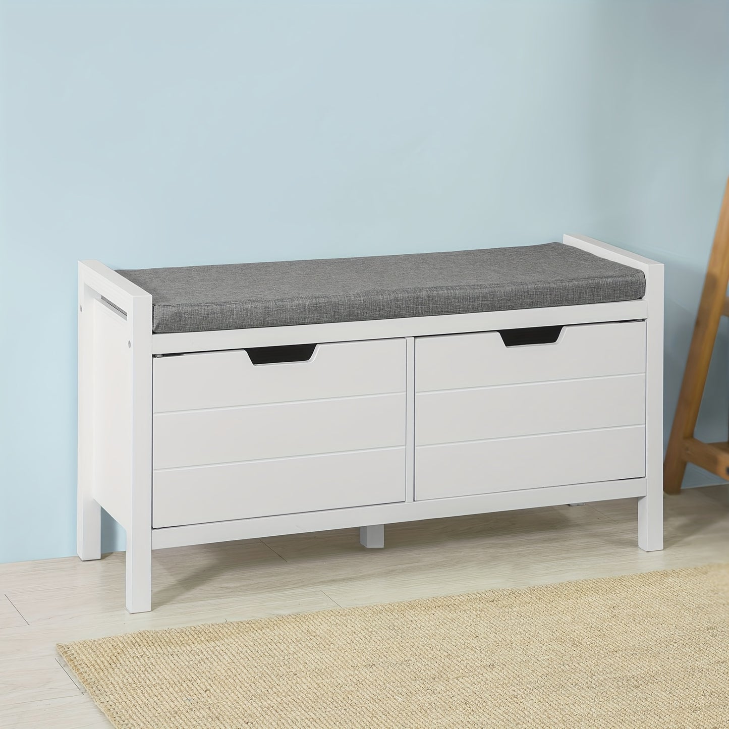 Schoenenkastje – Schoenopberger – Schoenbankje – Schoenenrek – Halmeubel – Wit – MDF Met Houten Poten – Afneembaar Grijs Zitkussen – Draagvermogen 100 kg