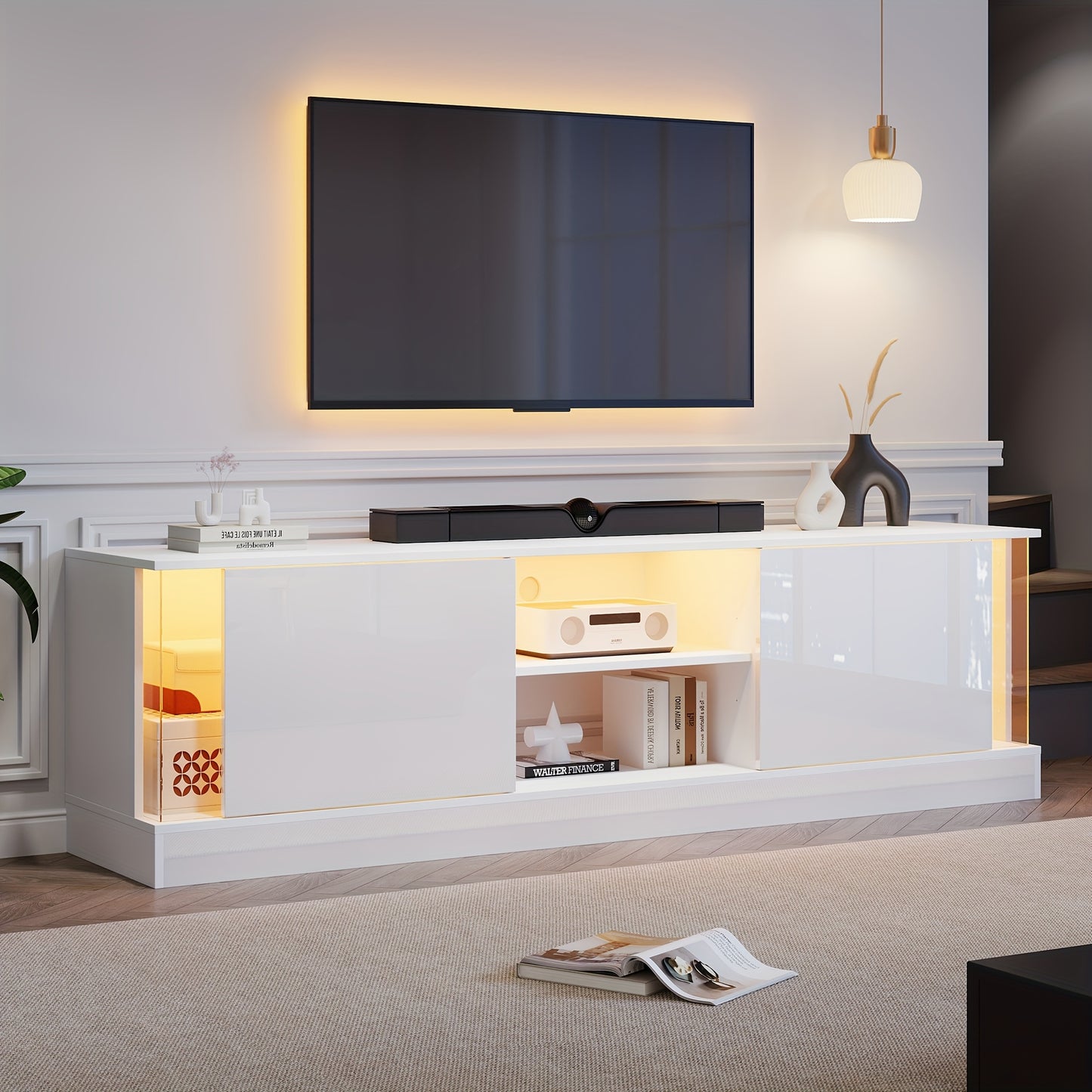 White High-Gloss Metal TV Stand for 70-Inch TVs - Floor Standing with Shelves, Modern Minimalist Design for Living Room, Durable & Stylish Storage Solution, Tv Table for Living Room, Contemporary Furniture, Sleek Finish