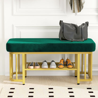 Schoenenbank – Halbank – Opbergbank – Bankje Met Kussen – Zitbank – Smal Design – Verstelbare Hoogte & Stijlvolle Groene Fluwelen Bekleding
