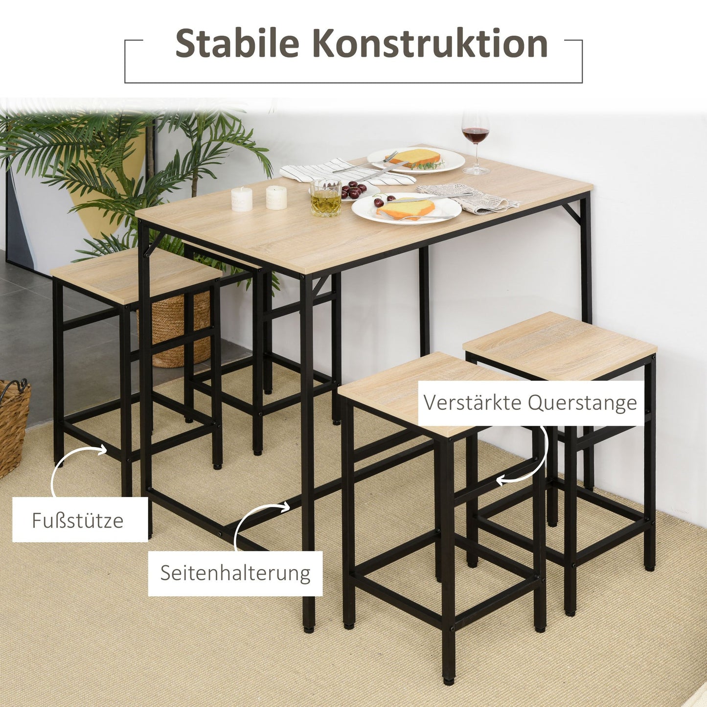 Bartafelset – Barkrukken – Eettafelset – Bistoeltafel – Keukentafel – 5-delig – Industrieel Design – Melamine Tafelblad – Zwart Stalen Frame – Compact 100x60x88 cm