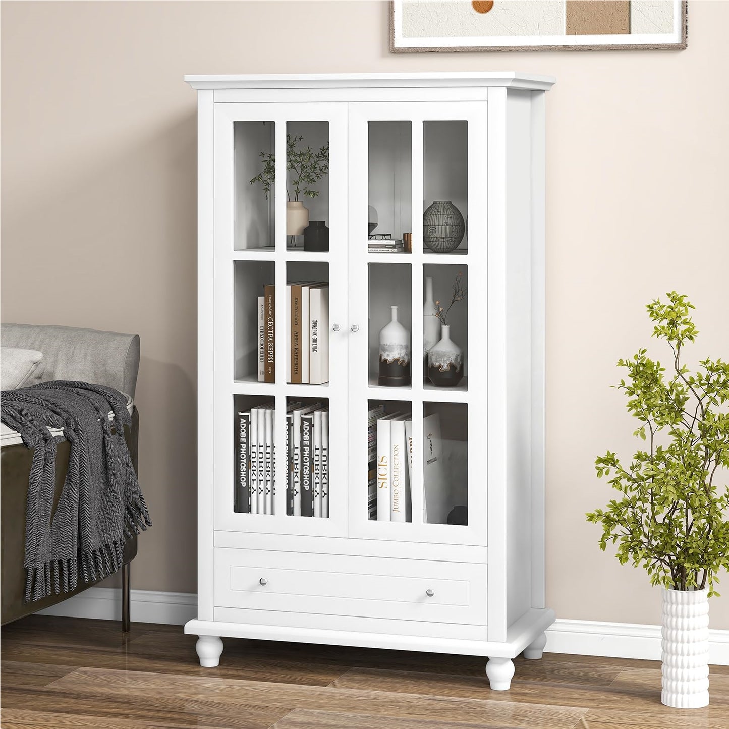 Boekenkast – Vakkenkast – Opbergkast – Wandkast – Dressoir – Met Geharde Glazen Deuren – Verstelbare Plank en Lade – Wit – 80x40x139 cm