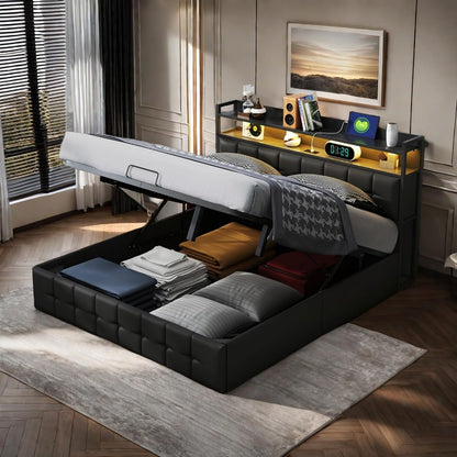Led-bed – Gestoffeerd bed – Tweepersoonsbed – Opbergbed – Boxspring bedframe – 160x200 cm – Hydraulisch frame – LED-verlichting