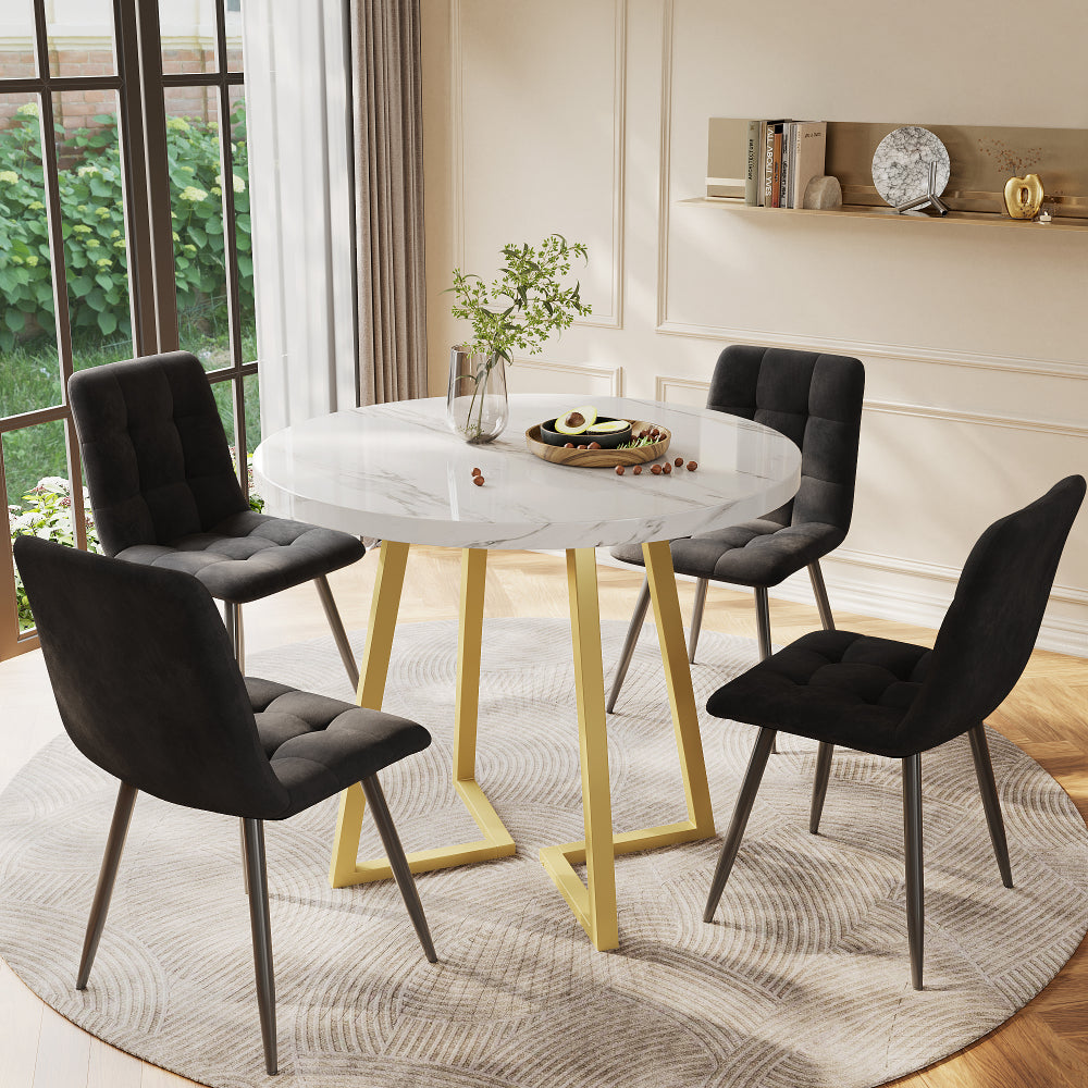 Eettafelset – 5-delig – Ronde Eettafel – Keukentafel – Stoelenset – Compact Diner – Ø80 cm – Wit MDF Tafelblad – Zwarte Fluwelen Stoelen