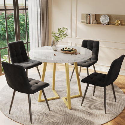 Eettafelset – 5-delig – Ronde Eettafel – Keukentafel – Stoelenset – Compact Diner – Ø80 cm – Wit MDF Tafelblad – Zwarte Fluwelen Stoelen