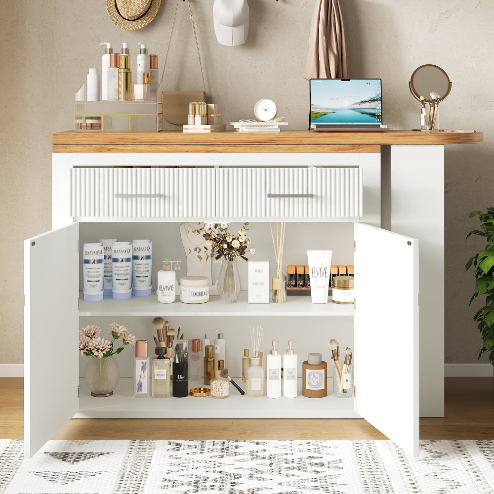 Extendable Bar Table with Storage Space (137-215 × 39 × 102.3cm), Modern Mobile Bar Table, Extendable Bar Table with One Drawer and Two Shelves, Tall Kitchen Island Dining Table, White