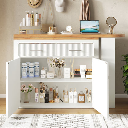 Extendable Bar Table with Storage Space (137-215 × 39 × 102.3cm), Modern Mobile Bar Table, Extendable Bar Table with One Drawer and Two Shelves, Tall Kitchen Island Dining Table, White