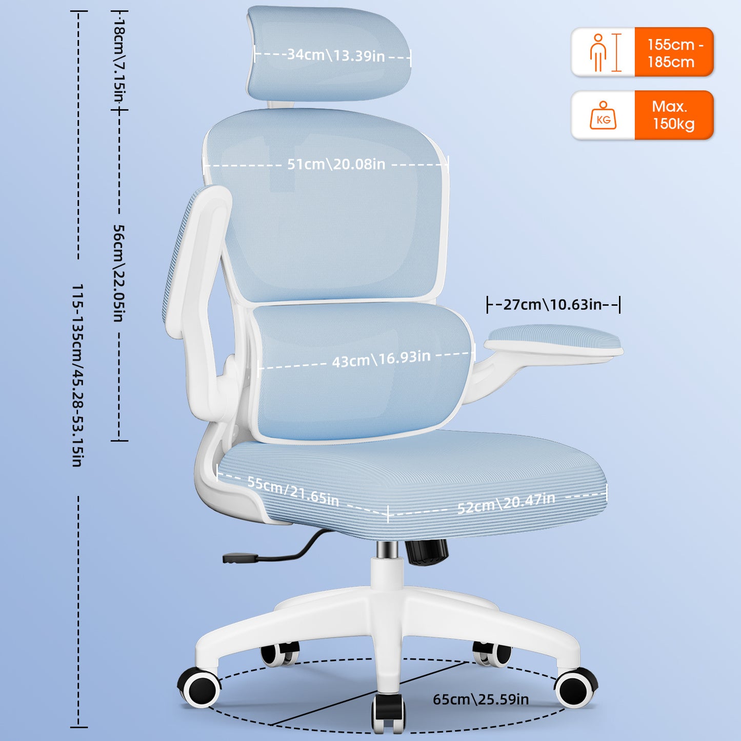 Office Chair with Adjustable Headrest, Armrests, and Lumbar Support, Load Capacity up to 150 kg
