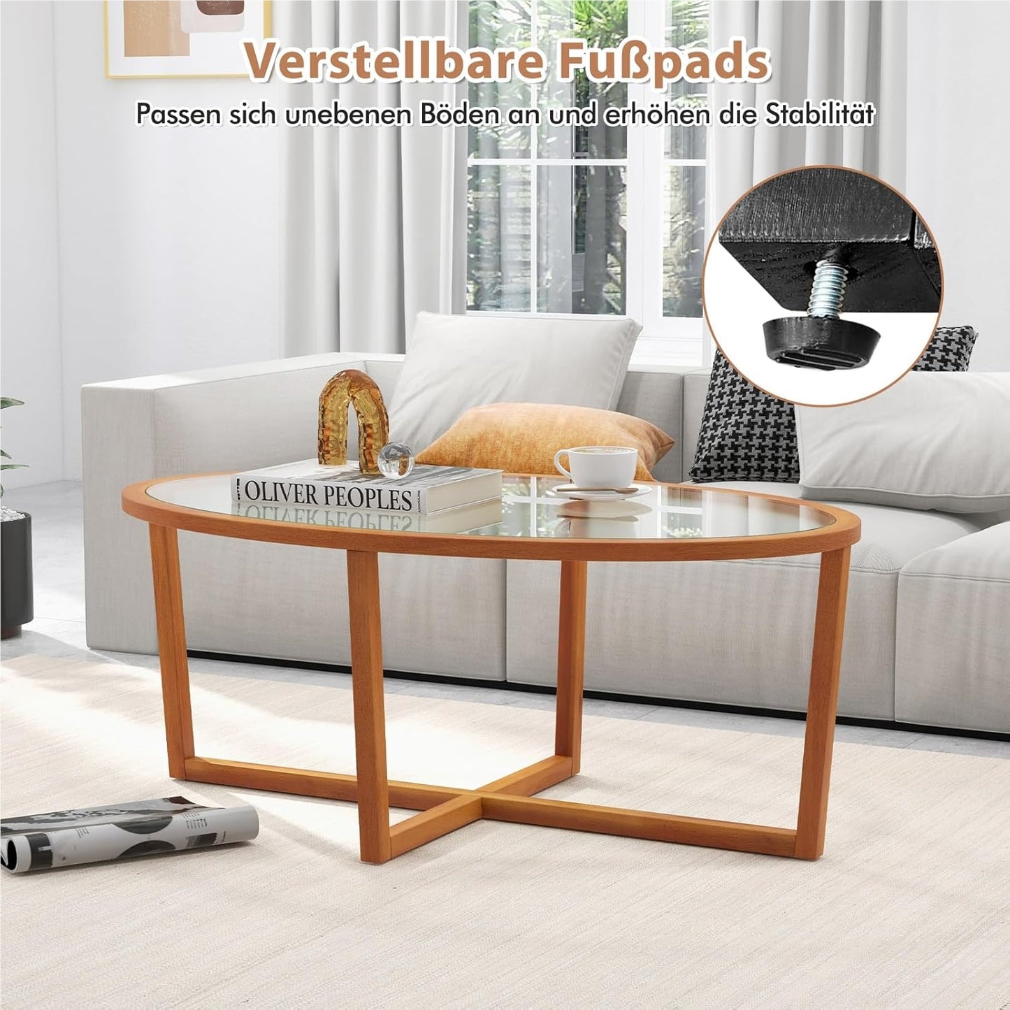 Salontafel – Woonkamertafel – Theetafel – Bijzettafel – Glazen tafel – Ovaal – Gehard glas – Massief acaciahouten poten – 118 x 71,5 x 47,5 cm