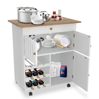 Versatile White Kitchen Island Cart with Wheels - 68.58cm x 39.12cm x 85.09cm | Spacious Storage & Worktop, Wine Rack Included