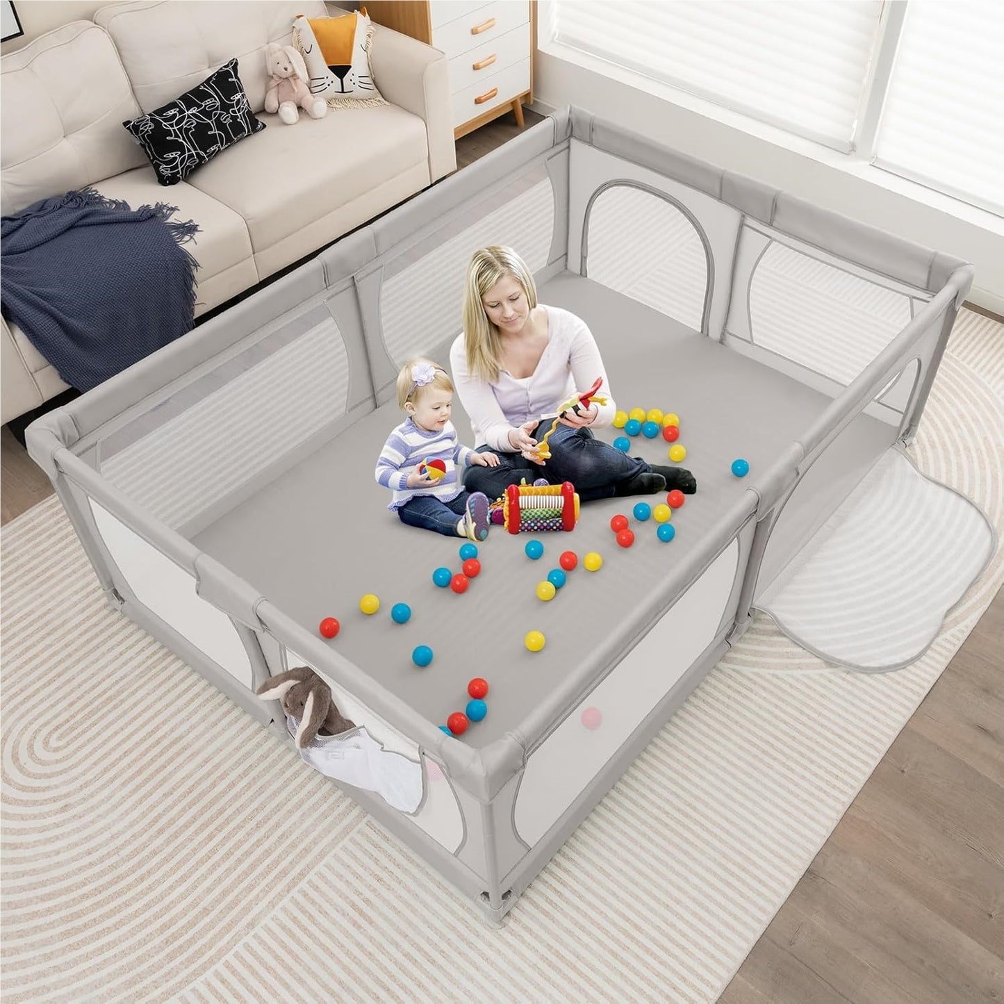 Speelbox – Babybox – Kinderbox – Grondbox – Playpen – Lichtgrijs – Ruim Speeloppervlak 205x147 cm – Inclusief 50 Speelballen & Dubbelzijdige Speelmat