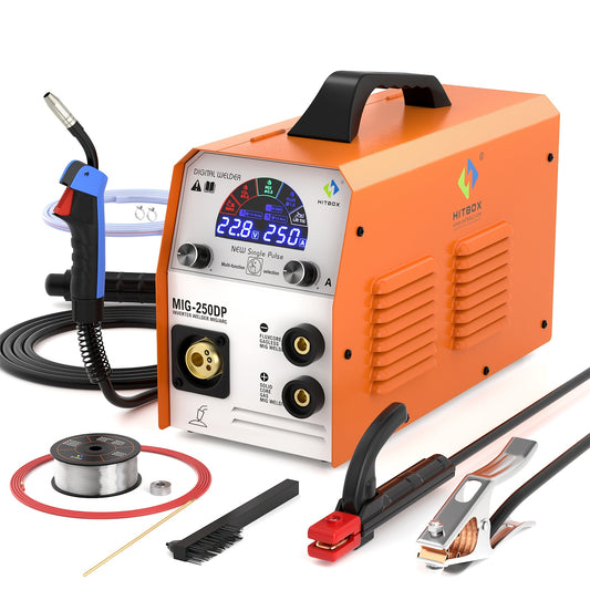 Multi-functional welding machine HITBOX MIG, 5-in-1 welding machine 250 A with MIG gas/MIG gasless/MMA/LIFT TIG for aluminum welding, MIG MAG welder, MIG250DP