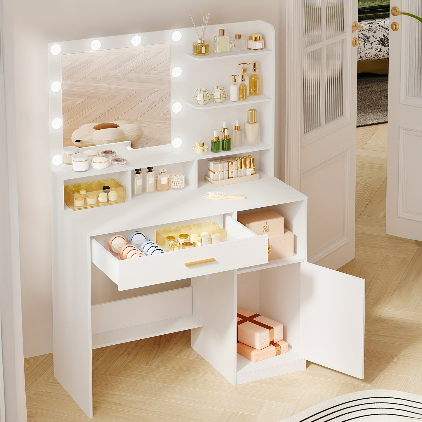 Kaptafel – Make-up Tafel – Schminktisch – Vanity Table – Dressing Table – Witte Kaptafel Met Spiegel – 10 LED Lampjes Met 3 Lichtstanden – Veel Opbergruimte Met Lade En Kast