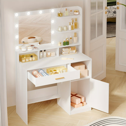 Kaptafel – Make-up Tafel – Schminktisch – Vanity Table – Dressing Table – Witte Kaptafel Met Spiegel – 10 LED Lampjes Met 3 Lichtstanden – Veel Opbergruimte Met Lade En Kast