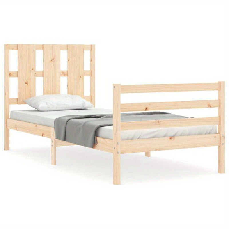 Single-Size Contemporary Wooden Bed Frame with Headboard - Solid & Removable Durable Wood, Easy Assembly, No Power Needed for Small Spaces, Bedroom Furniture, Minimalist Design, Natural Wood Finish