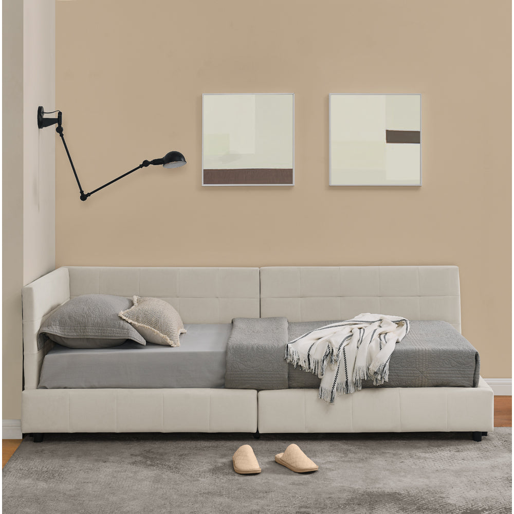 Slaapbank – Sofa Bed – Bedbank – Hoekbank – Vouwbank – Modern – Licht Beige Fluweel – Ruimtebesparend L-Vormig Ontwerp – Stevig Teakhout & IJzeren Frame