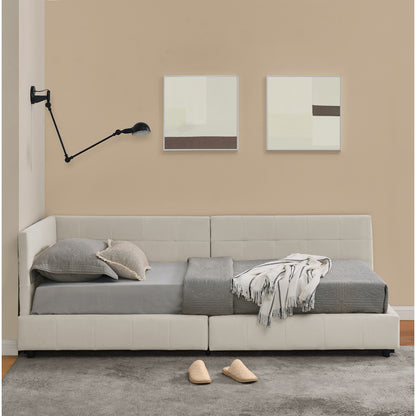 Slaapbank – Sofa Bed – Bedbank – Hoekbank – Vouwbank – Modern – Licht Beige Fluweel – Ruimtebesparend L-Vormig Ontwerp – Stevig Teakhout & IJzeren Frame