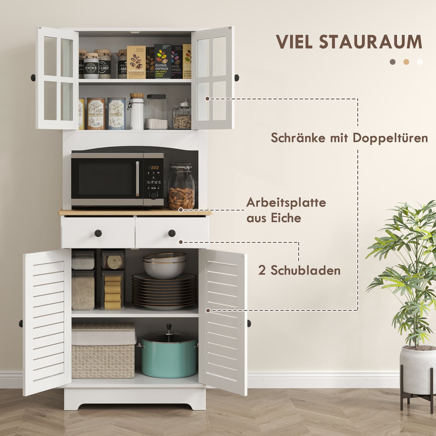 Keukenkast – Hoge Kast – Buffetkast – Opbergkast – Bovenkast – Verstelbare Planken – Wit 68x39,5x170 cm Rubberwood Werkblad